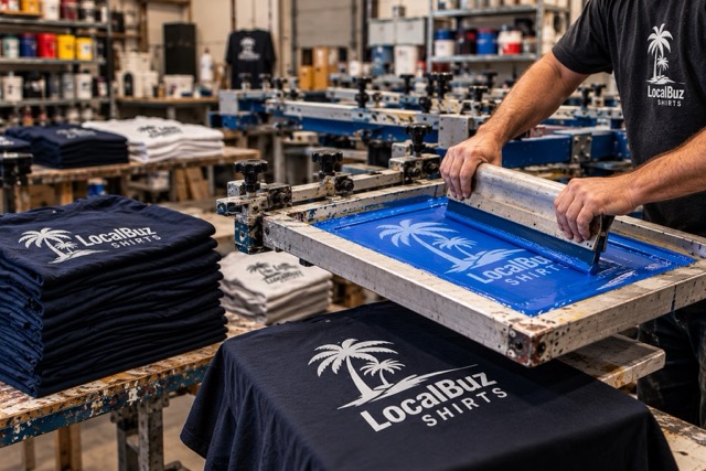 Commercial screen printing process using blue ink and a squeegee to produce bulk custom LocalBuz Shirts apparel