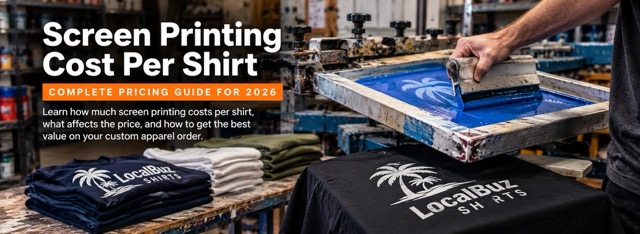 Screen printing cost per shirt 2026 pricing guide showing custom T-shirt production at LocalBuz Shirts